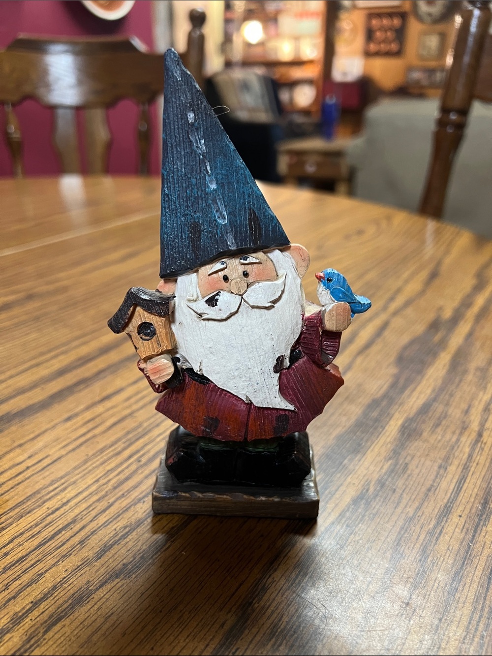 Hand-Painted Garden Gnome Figurine with Blue Bird